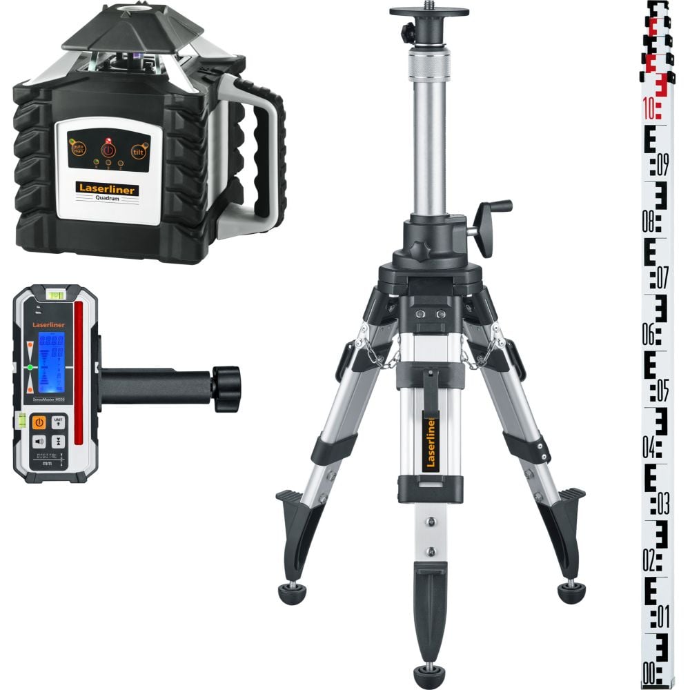 Quadrum M350 S Set 2 | Volautomatische rotatielaser | Laserontvanger SensoMaster M350 | Krukstatief P 175 cm | Telescopische nivelleerlat 5 m