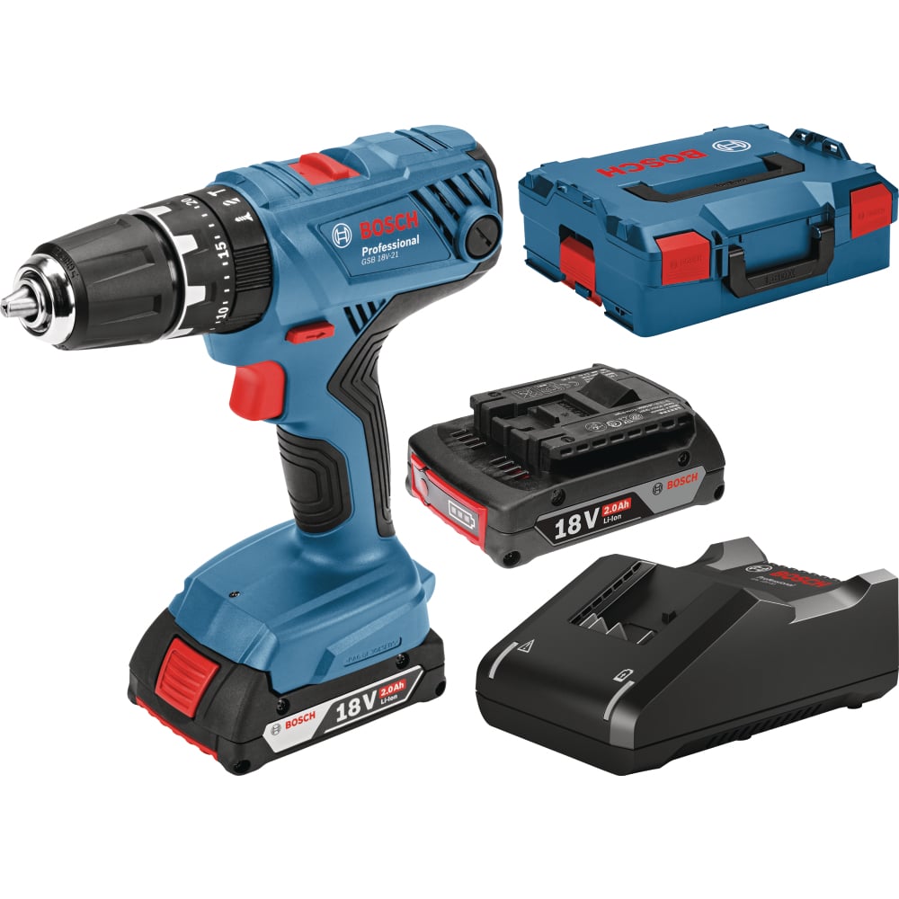 Bosch Blauw GSB 18V-21 Professional Accuklopboorschroevendraaier | 2.0Ah Li-Ion + lader GAL 18 V-40 in L-Boxx - 06019H1107