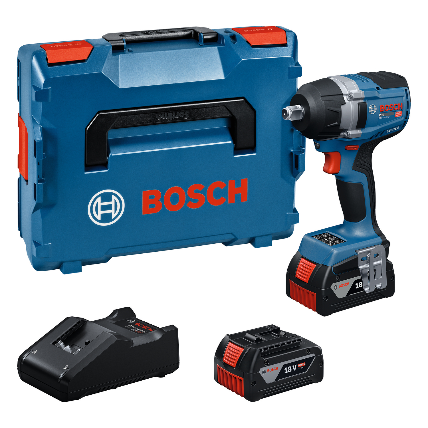 Bosch Blauw GDS 18V-750 Accu slagmoeraanzetter 18V | 2x GBA 18V 5,0Ah + GAL 18V-40 snellader | In L-Boxx - 06019L9103