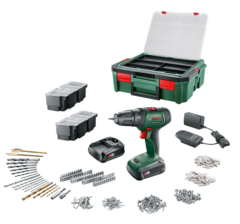 Bosch Groen Universal Drill 18V | Accuschroefboormachine | 2 x 1.5 Ah accu + lader | Incl. accessoires + SystemBox - 06039D4003