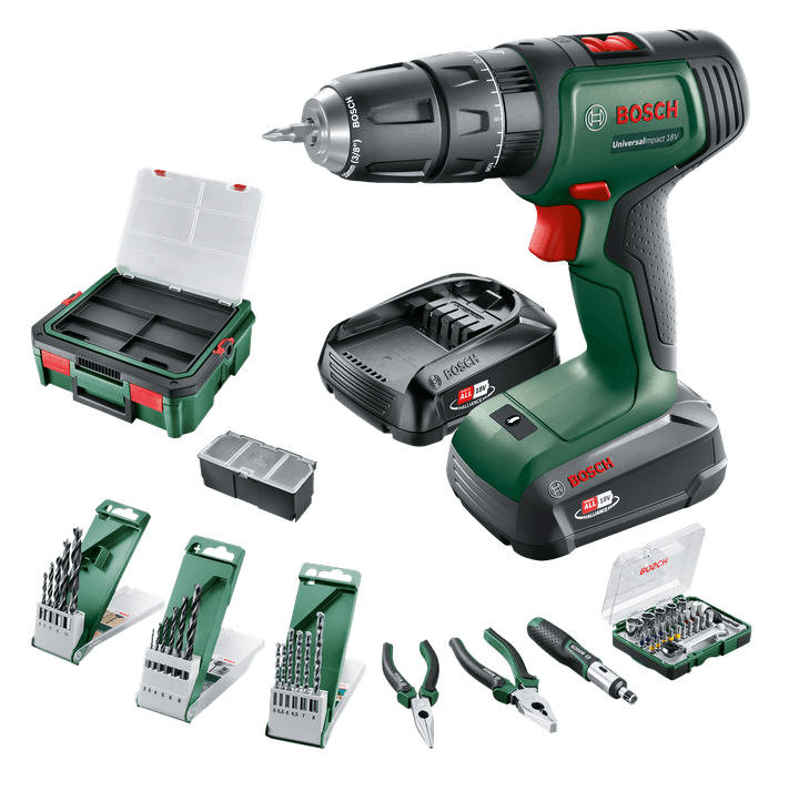 Bosch Groen UniversalImpact 18V | Accuklopboorschroevendraaier | 1.5 Ah + 2.5 Ah accu + lader | + SystemBox en 46-delige accessoiresset 06039D4108