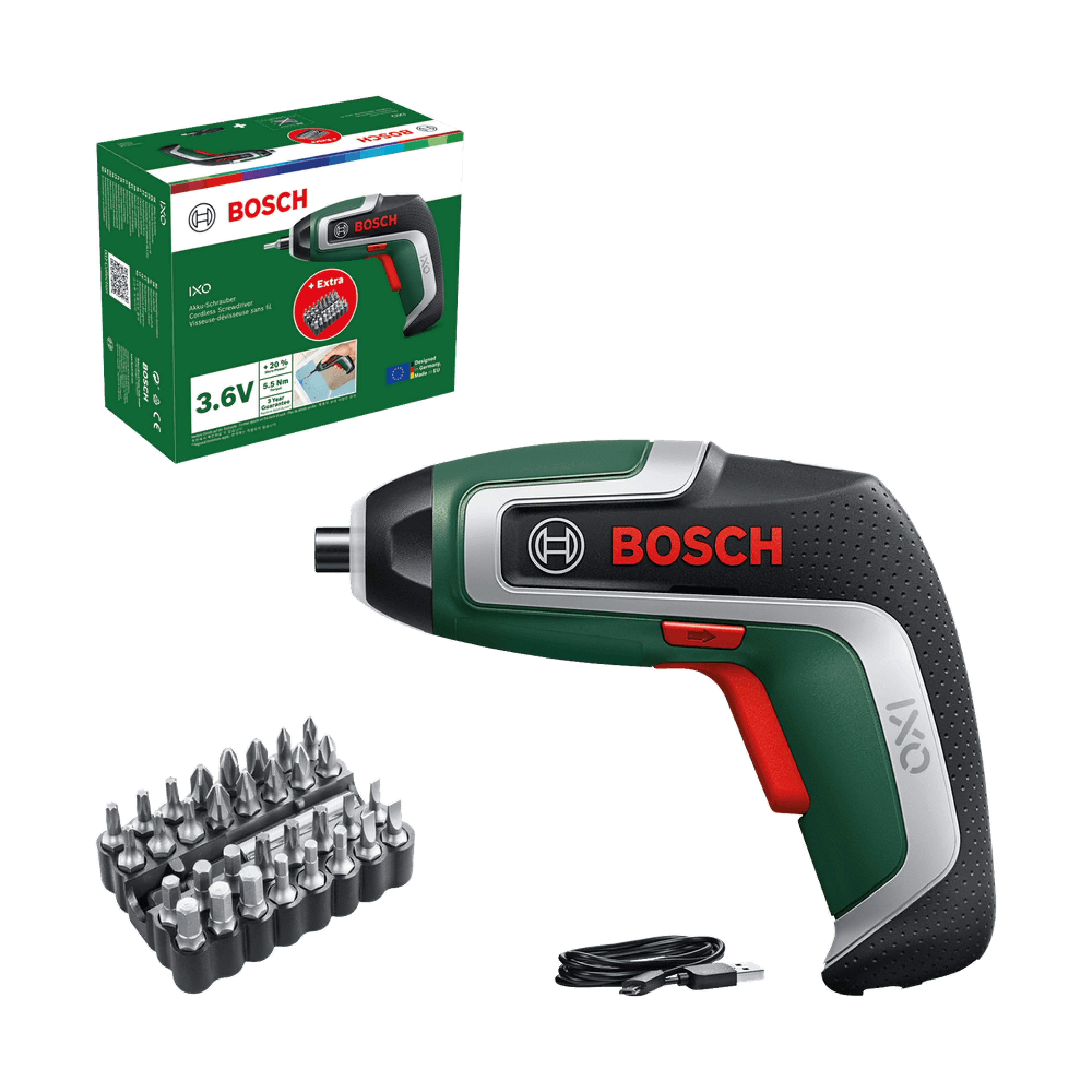 Bosch Groen Accuschroevendraaier IXO 7 Bit Set (Geïntegreerde accu 3,6V 2,0 Ah, Micro-USB-oplaadkabel, magnetische bithouder, 32-delige bit set) -