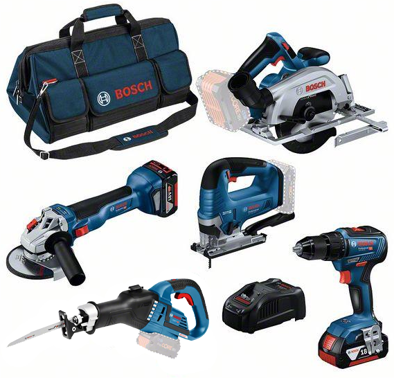 Bosch Blauw Accu Toolkit 18V | GSR 18V-55 + GWS 18V-11 + GKS 18V-57-2 + GSA 18V-32 + GST 18V-125 B + 3x 5,0 Ah + GAL 1880CV + tas L (C) - 0615990N39