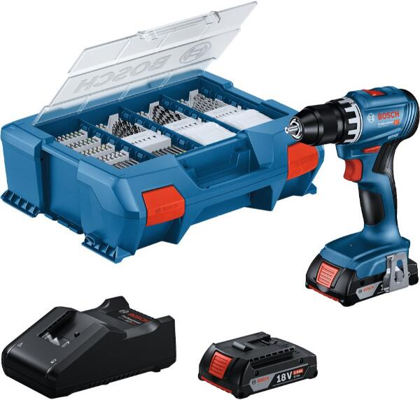 Bosch Blauw GSB 18V-45 Accu klopboorschroefmachine 18V | 2x GBA 18V 2,0Ah + GAL 18V-40 + 63-delige Pick&Click set | In L-Case - 0615A5007G