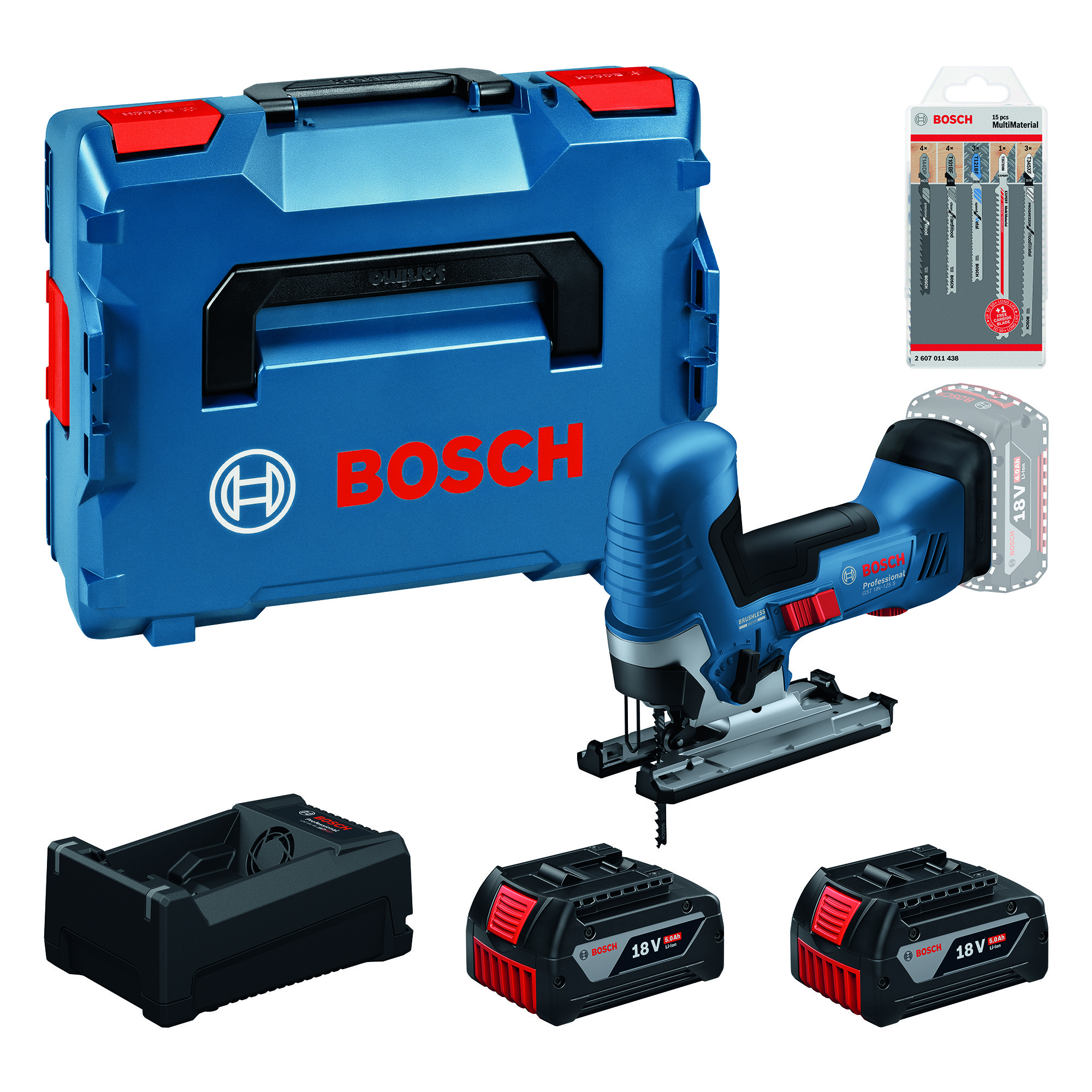 Bosch Blauw GST 18V-125 S Accu decoupeerzaag (2x GBA18V5,0Ah, lader GAL12V/18V-80, 15-delige decoupeerzaagbladenset) - 0615A500E5