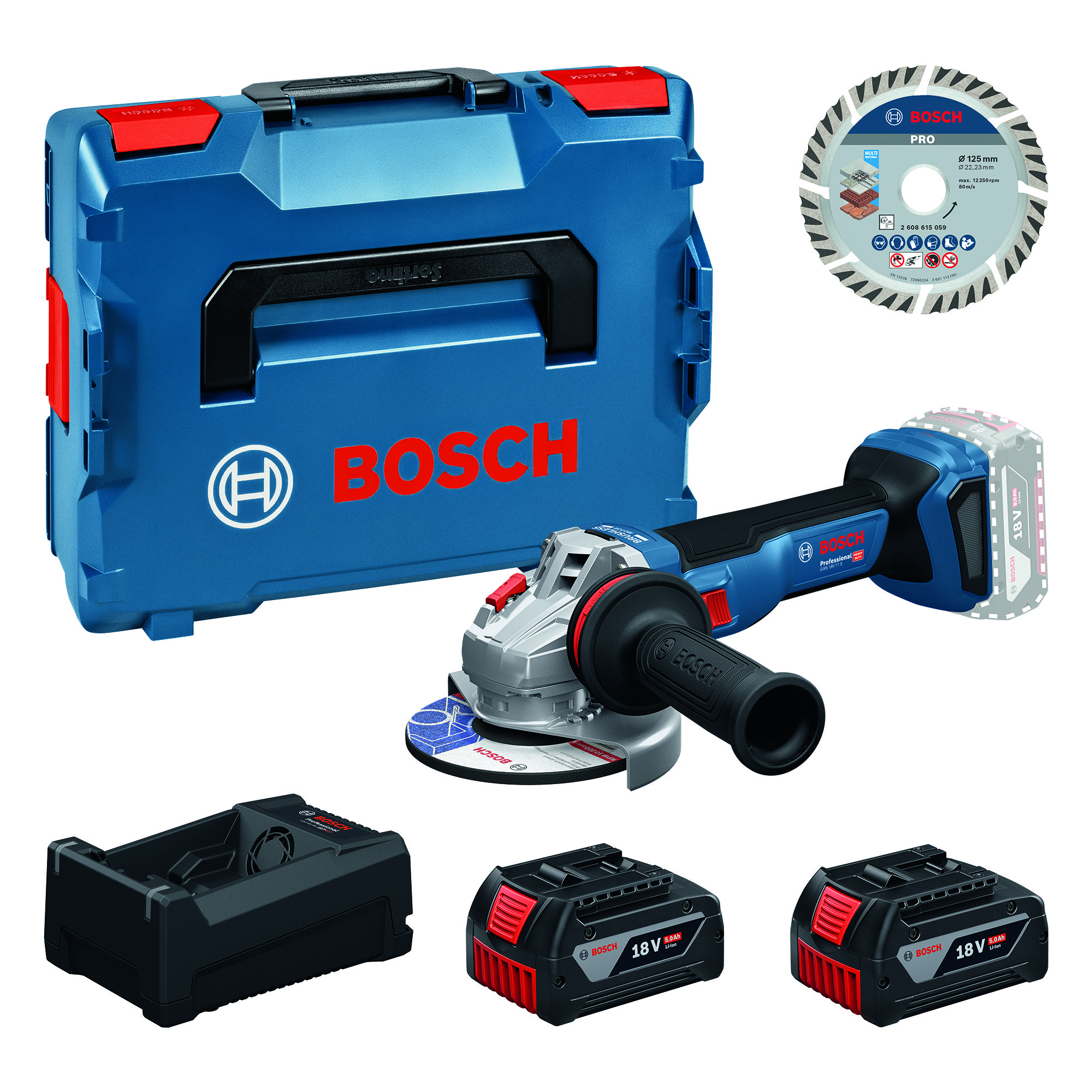Bosch Blauw GWS18V-11S Accu haakse slijper (2x GBA18V5,0Ah, lader GAL12V/18V-80, diamantschijf) - 0615A500E6