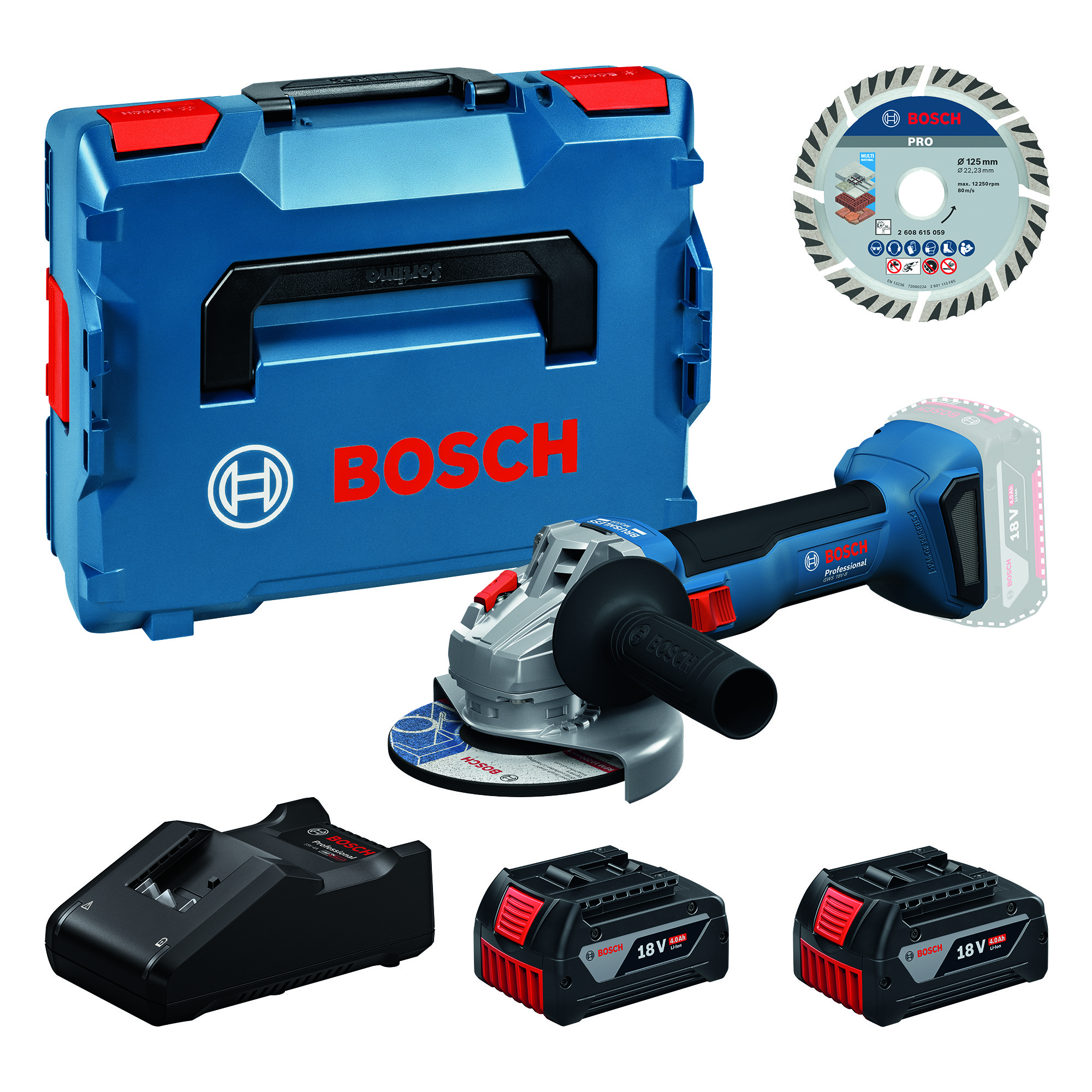 Bosch Blauw GWS18V-8 Accu haakse slijper (2x GBA18V4,0Ah, lader GAL18V-40, diamantschijf) - 0615A500E7