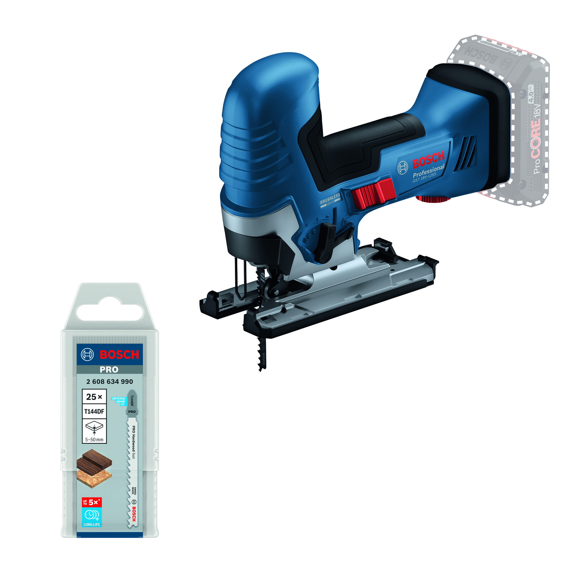 Bosch Blauw GST18V-125S Accu decoupeerzaag (zonder accu/lader, 25-delige zaagbladenset T144 DF) - 0615V0003B