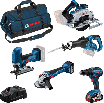 Bosch Blauw Accutoolkit 5 Toolkit 18V (3x GBA 18V 5,0 Ah, lader GAL 1880CV, GSR 18V-55, GWS 18V-11, GKS 18V-57-2, GSA 18V-32, GST 18V-125 S) -