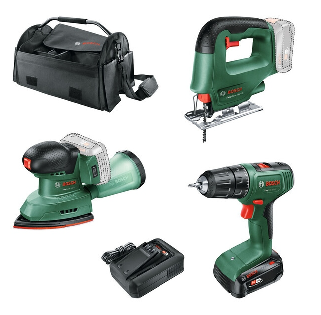 Bosch Groen Accutoolkit Combipack EasyDrill 18V-40 + EasySaw 18V-70 + EasySander 18V-8 | Inclusief 1x 18V 2,5 Ah + Lader | In Tas - 0615A500AA afbeelding