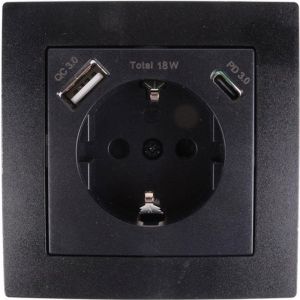 Benson Wandcontactdoos - Stopcontact met Randaarde en USB A/C - Inbouw - Zwart