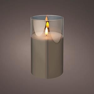 LED kaars cedar bruin met rook grijs glas en vlam effect - 10 x 17,5cm - voor binnen