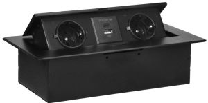 Luxe stekkerdoos met USB - Pop up stekkerblok met 2 stopcontacten en 2 USB - Inbouw Verdeelstekker met RVS afwerking - Stopcontact splitter voor max. 3680 Watt - Zwart