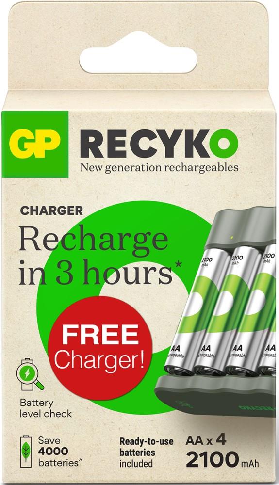 Oplaadbare batterijen AA | 4 RECYKO, 2100 mAh | + gratis batterijlader | batterij oplader laadt AA en AAA I GP