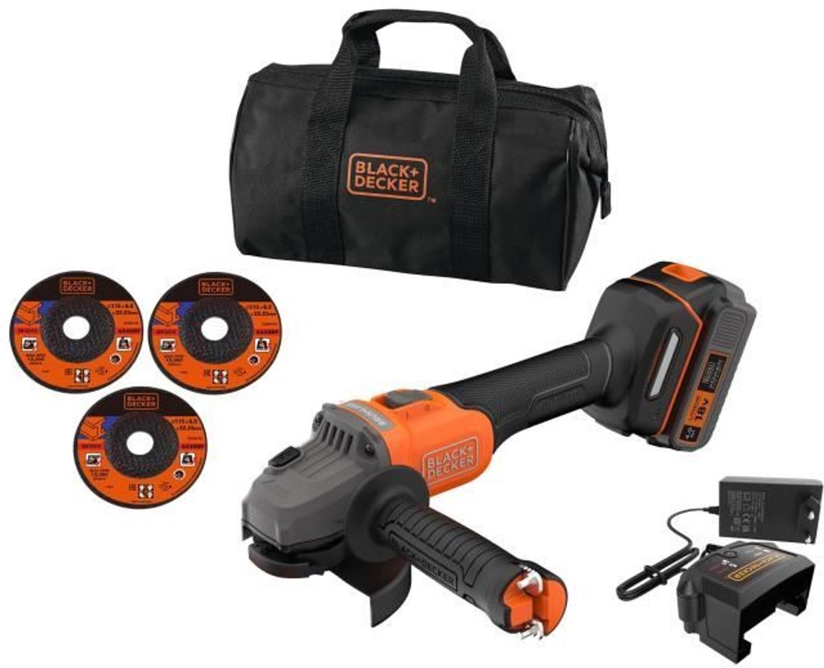 BLACK+DECKER BCG6L8F1S Accu Haakse Slijper | 18V | 115 mm | 1x 4.0Ah accu + Lader + Accessoires - BCG6L8F1S-QW