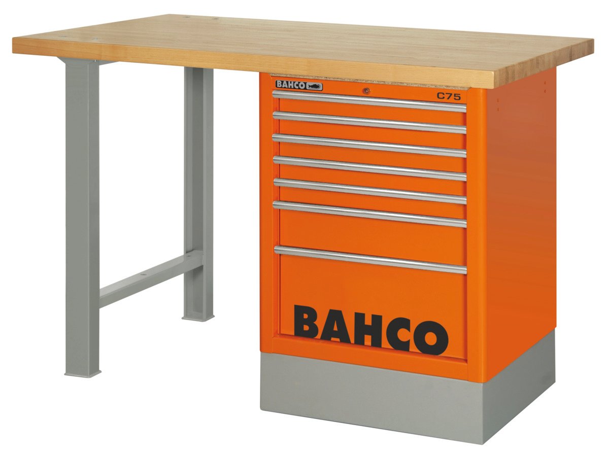 Bahco Werkbank | heavy-duty | met houten werkblad | ladeblok | 6 lades | 2 poten | oranje | 1500 mm x 750 mm x 1030 mm - 1495K7CWB15TW