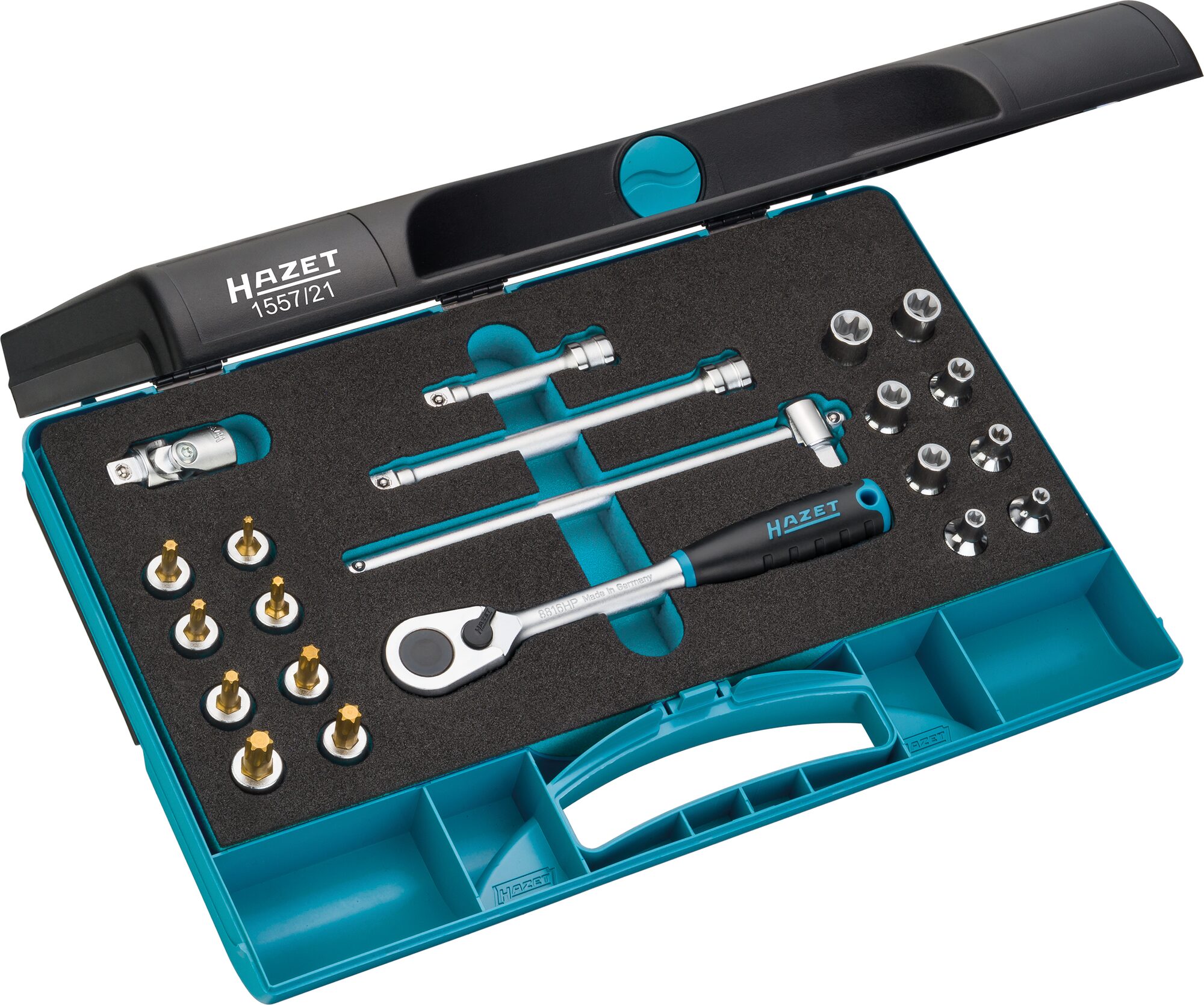 HAZET Gereedschapset 1557/21 - 3/8 inch (10 mm) vierkant hol - Buiten-TORX®-profiel, Binnen-TORX®-profiel - 21-delig - E5 - E14 - T15 - T50