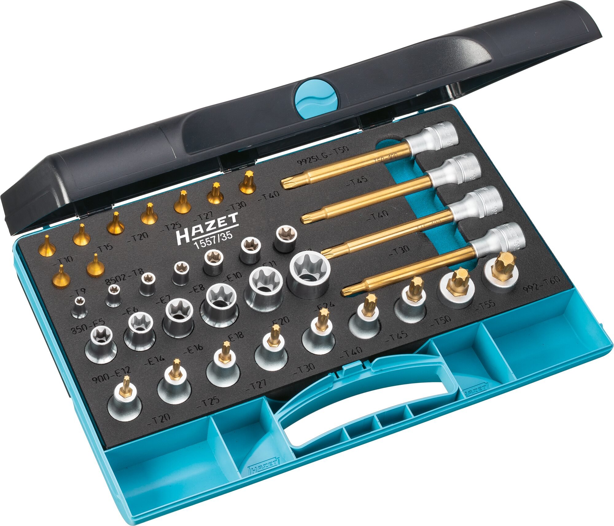 HAZET Gereedschapset 1557/35 - 1/4 inch (6,3 mm) vierkant hol, 1/2 inch (12,5 mm) vierkant hol - Buiten-TORX®-profiel, Binnen-TORX®-profiel - 35-delig