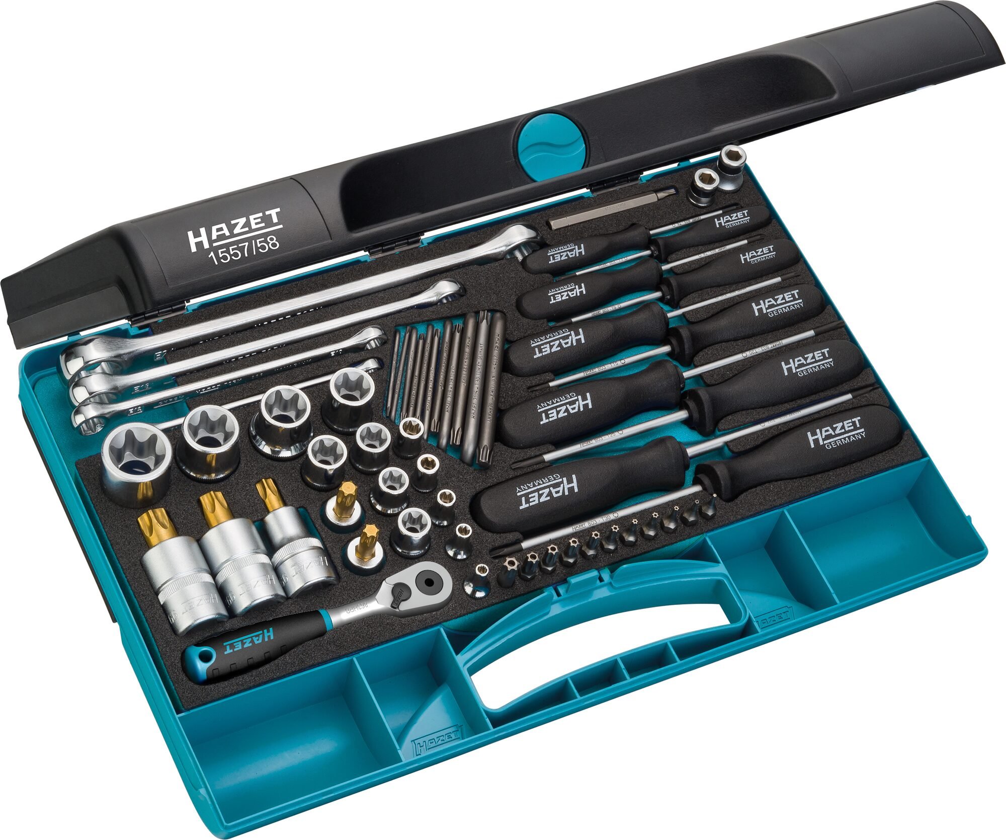 HAZET Gereedschapset 1557/58 | 1/4 inch (6,3 mm) vierkant hol, 3/8 inch (10 mm) vierkant hol, 1/2 inch (12,5 mm) vierkant hol, 1/4 inch (6,3 mm)