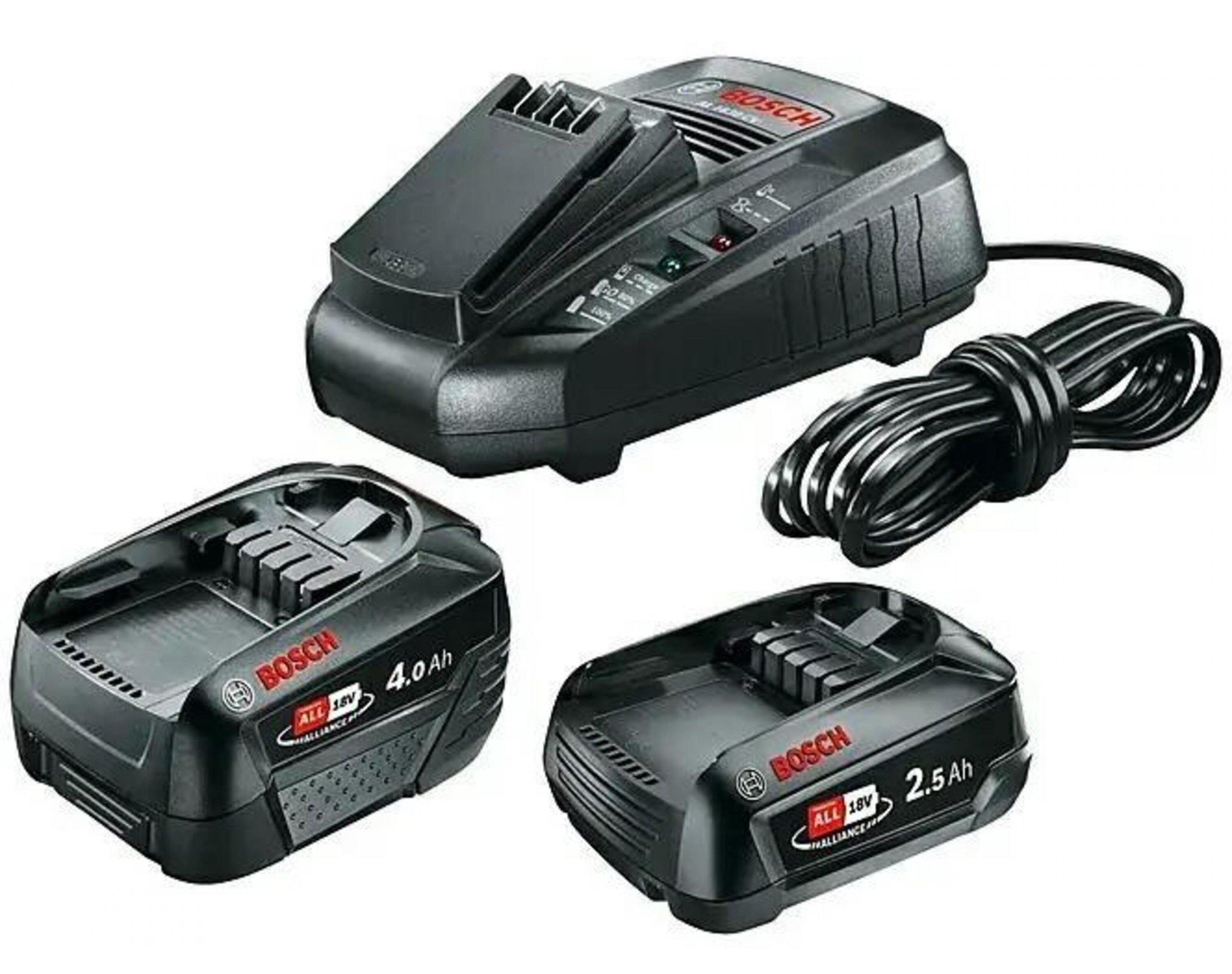 Bosch 18 volt accu's en lader Startserset - Incl. 1x 18 V Li-Ion accu (2,5 Ah), 1x 18 V Li-Ion accu (4,0 Ah) en 45-minuten lader AL 1830 CV