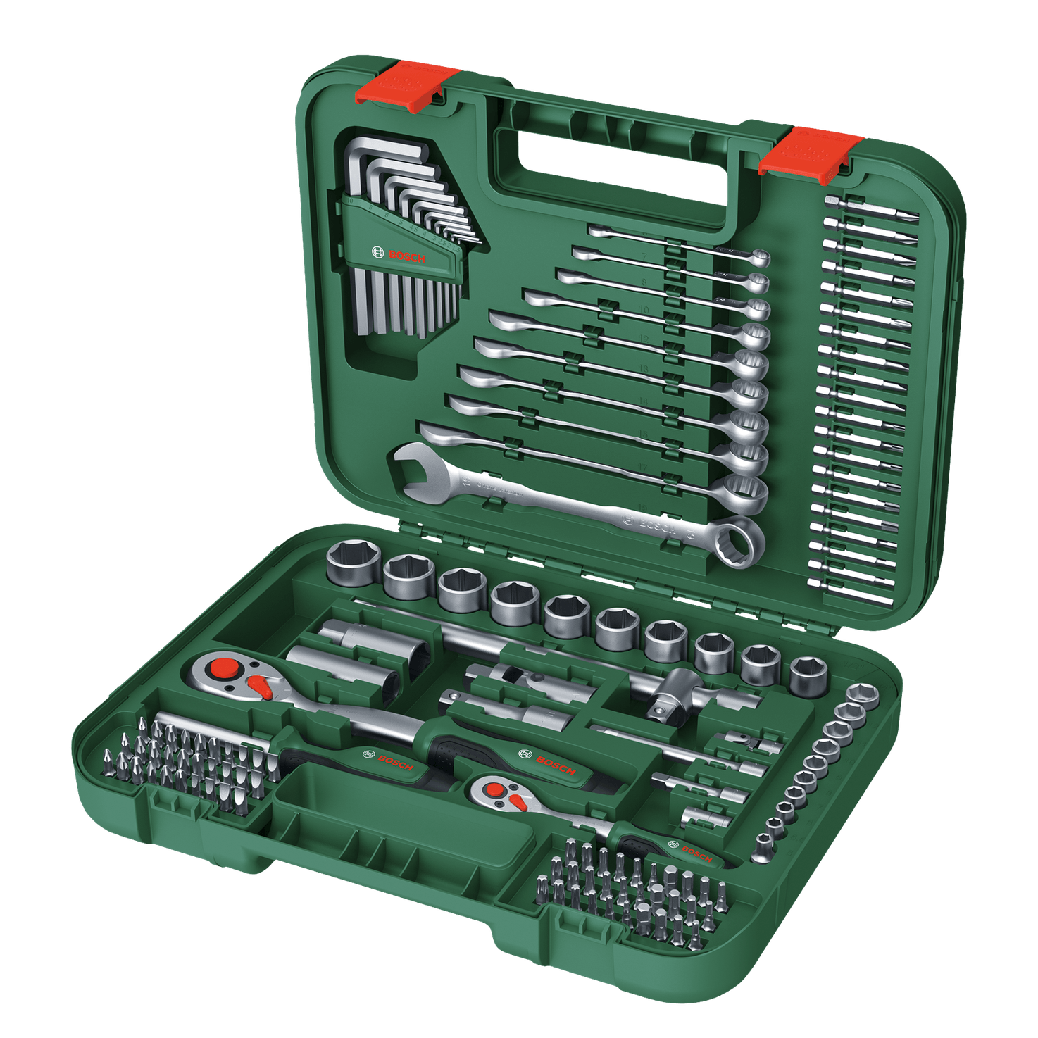 Bosch Groen Fastening set 132-piece (1/2" ratel, 1/4" ratel, universele bitschroevendraaier, Torx sleutelset 10 stuks, 10x steek/ringsleutel, 20x bit