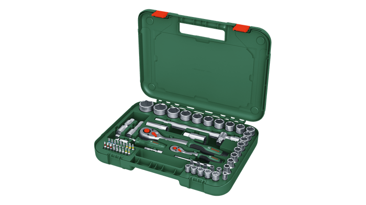 Bosch Groen 1 4" + 1 2" Ratchet set 56-piece (1 4" ratel 1 2" ratel 29x dop 7x verlengstuk of adapters 18x bit) 1600A02Z9G