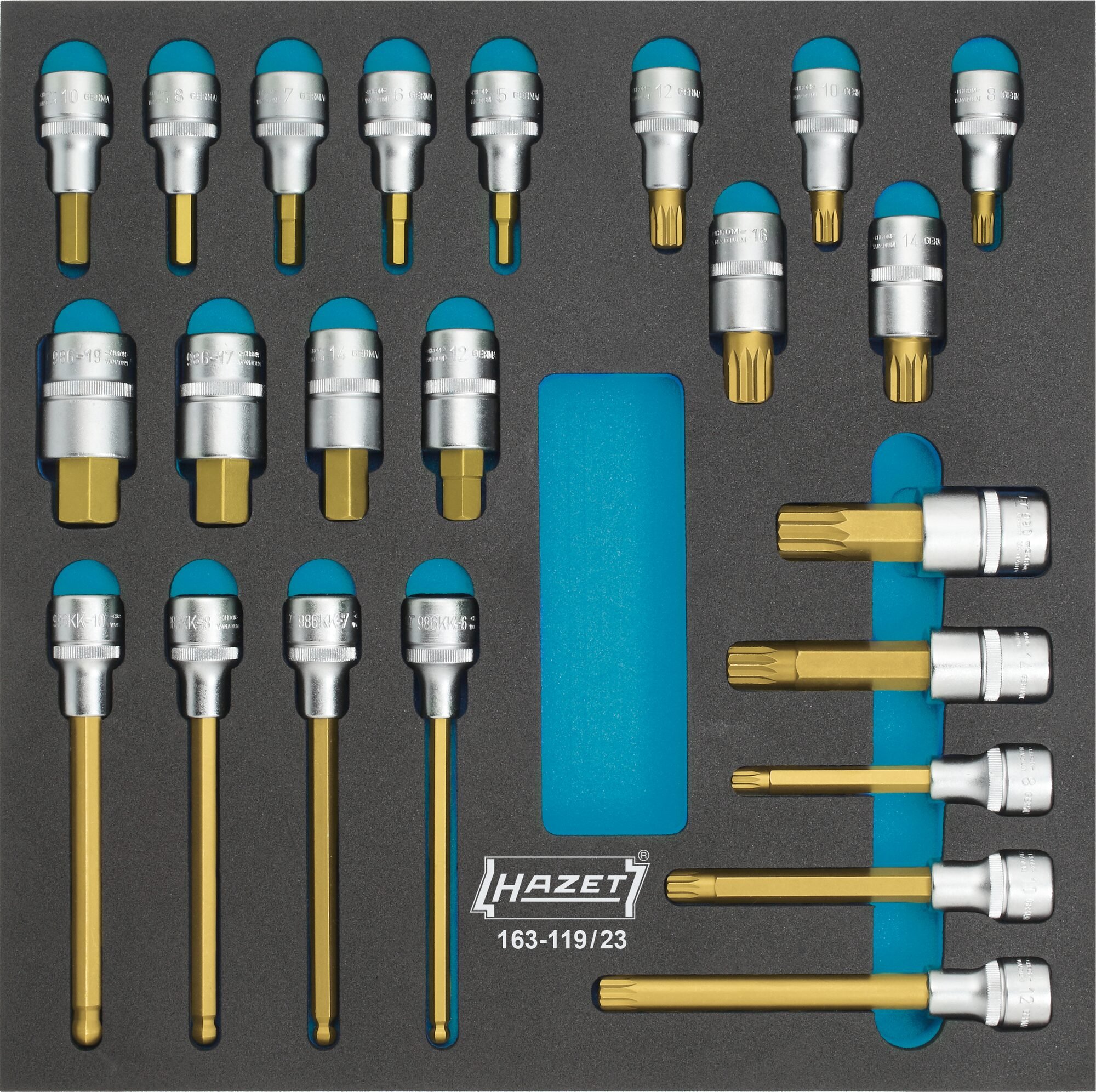 HAZET Dopsleutelbitset 163-119/23 - 1/2 inch (12,5 mm) vierkant hol - Binnen-zeskant-profiel, Binnenveeltandprofiel XZN - 23-delig - 5 - 19 - M8 - M18