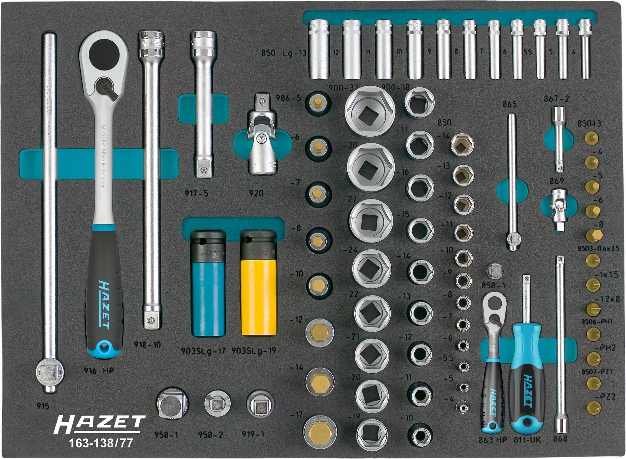 HAZET Dopsleutelset | 1/2 inch (12,5 mm) vierkant hol, 1/4 inch (6,3 mm) vierkant hol | Buiten-zeskant-tractieprofiel, Binnen-zeskant-profiel,