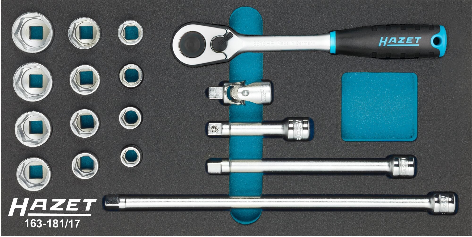 HAZET Dopsleutelset 163-181/17 · 3/8 inch (10 mm) vierkant hol · Buiten-zeskant-tractieprofiel · 17-delig · 10 - 22