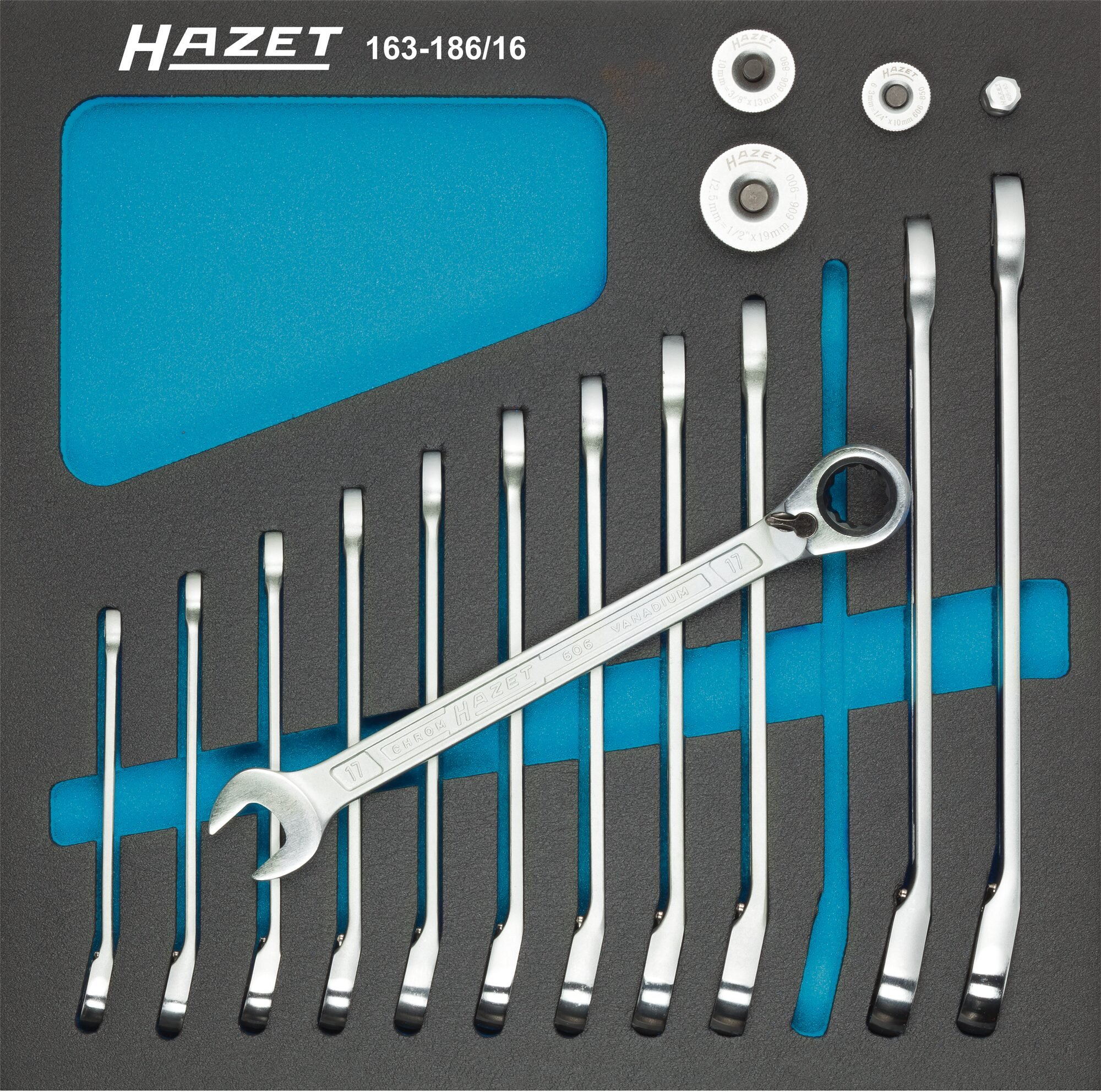HAZET Ratelringsteeksleutelset - met vierkante adapters 163-186/16 - Buitentwaalfkant tractieprofiel - 16-delig - 8 - 19
