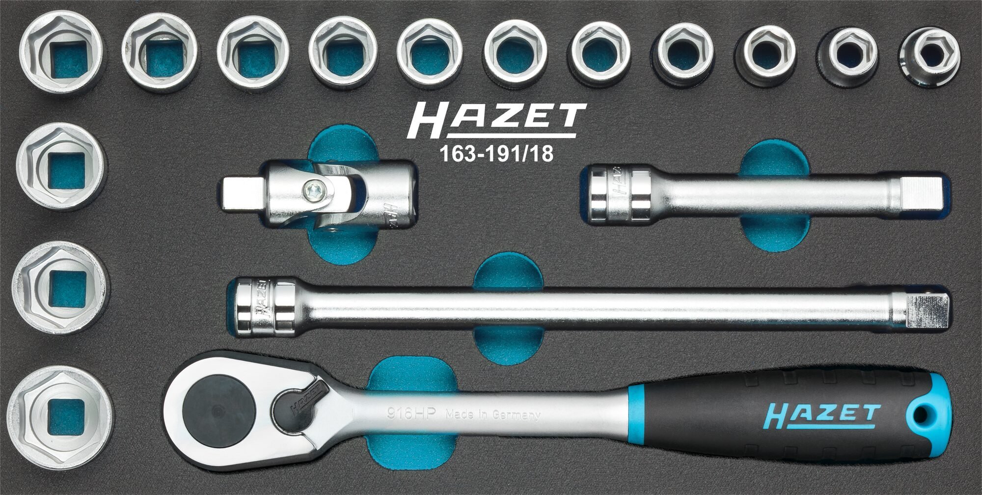 HAZET Dopsleutelset 163-191/18 · 1/2 inch (12,5 mm) vierkant hol · Buiten-zeskant-tractieprofiel · 18-delig · 10 - 27