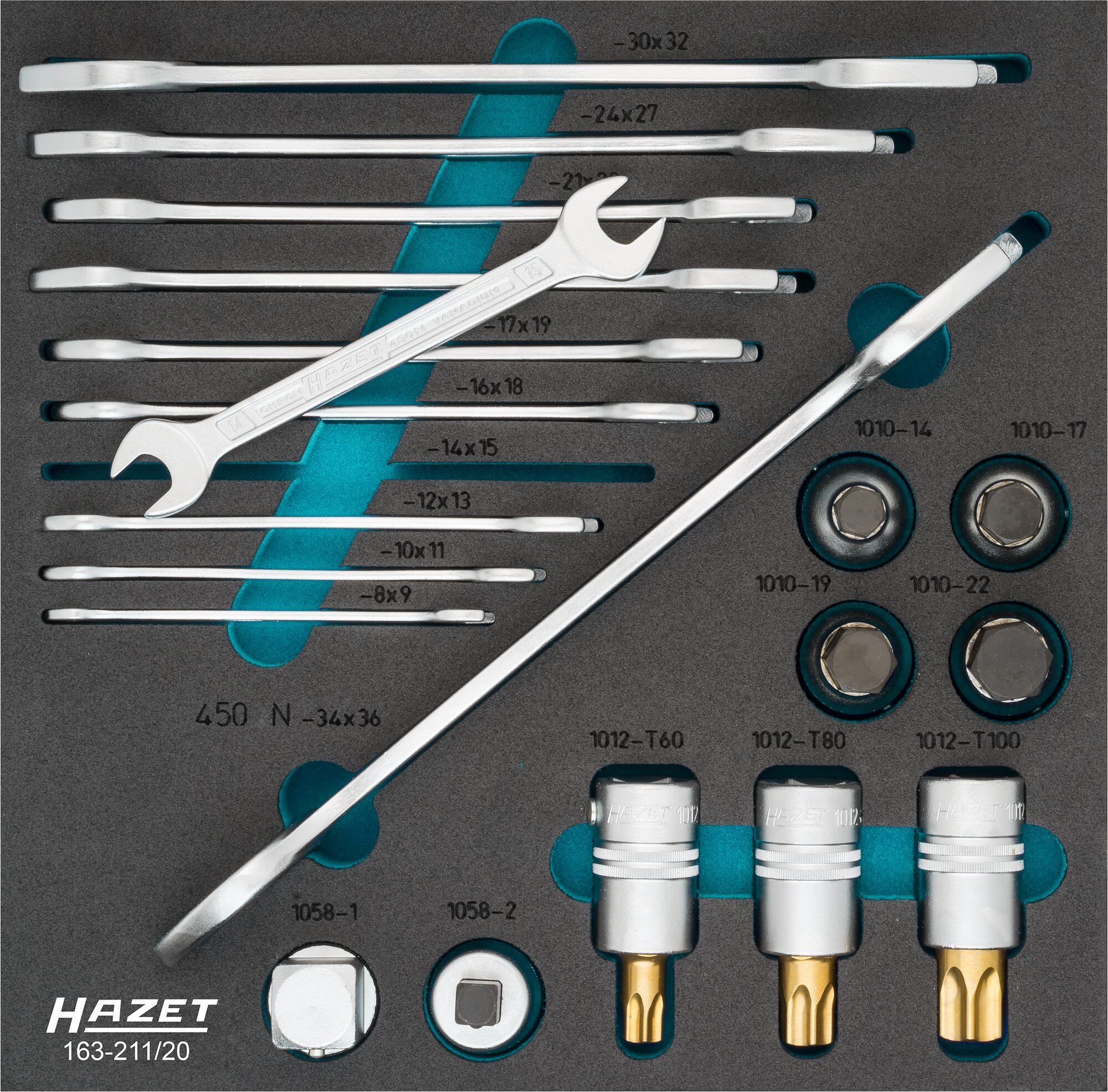 HAZET Sleutelgereedschap-/dopsleutelset 163-211/20 - 3/4 inch (20 mm) vierkant hol - Buiten-zeskant-profiel, Binnen-zeskant-profiel,
