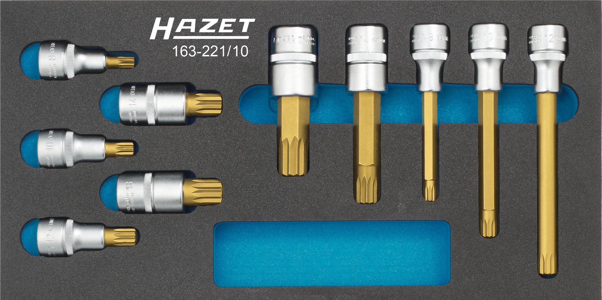 HAZET Dopsleutelbitset 163-221/10 · 10-delig · M8 · M10 · M12 · M14 · M16 · M18 · M8 · M14 · M10 · M12