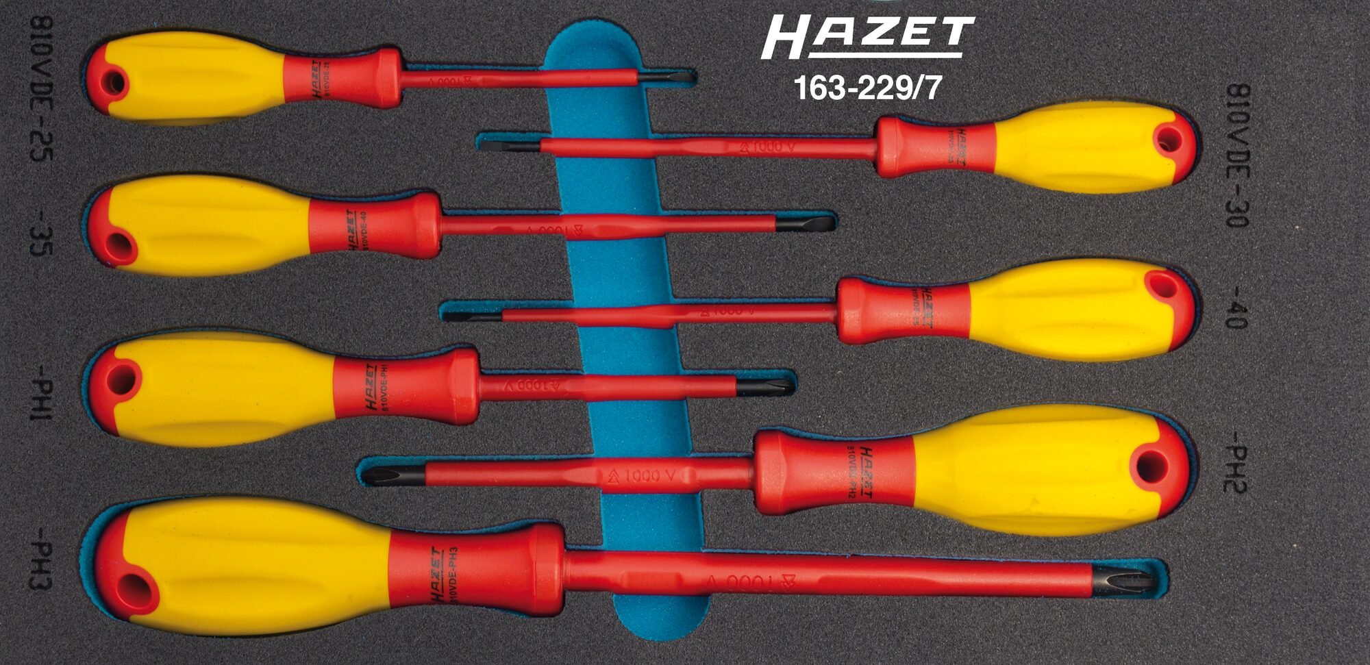 HAZET Schroevendraaierset - geïsoleerd 163-229/7 - Kruiskop profiel PH, Sleufprofiel - 7-delig - 0,4 x 2,5 - 0,8 x 4 - PH1 - PH3