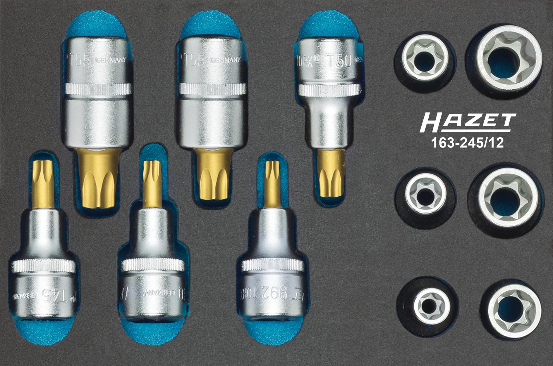 HAZET Gereedschapset - TORX® 163-245/12 - 1/2 inch (12,5 mm) vierkant hol - Buiten-TORX®-profiel, Binnen-TORX®-profiel - 12-delig - E10 - E20 - T30 -