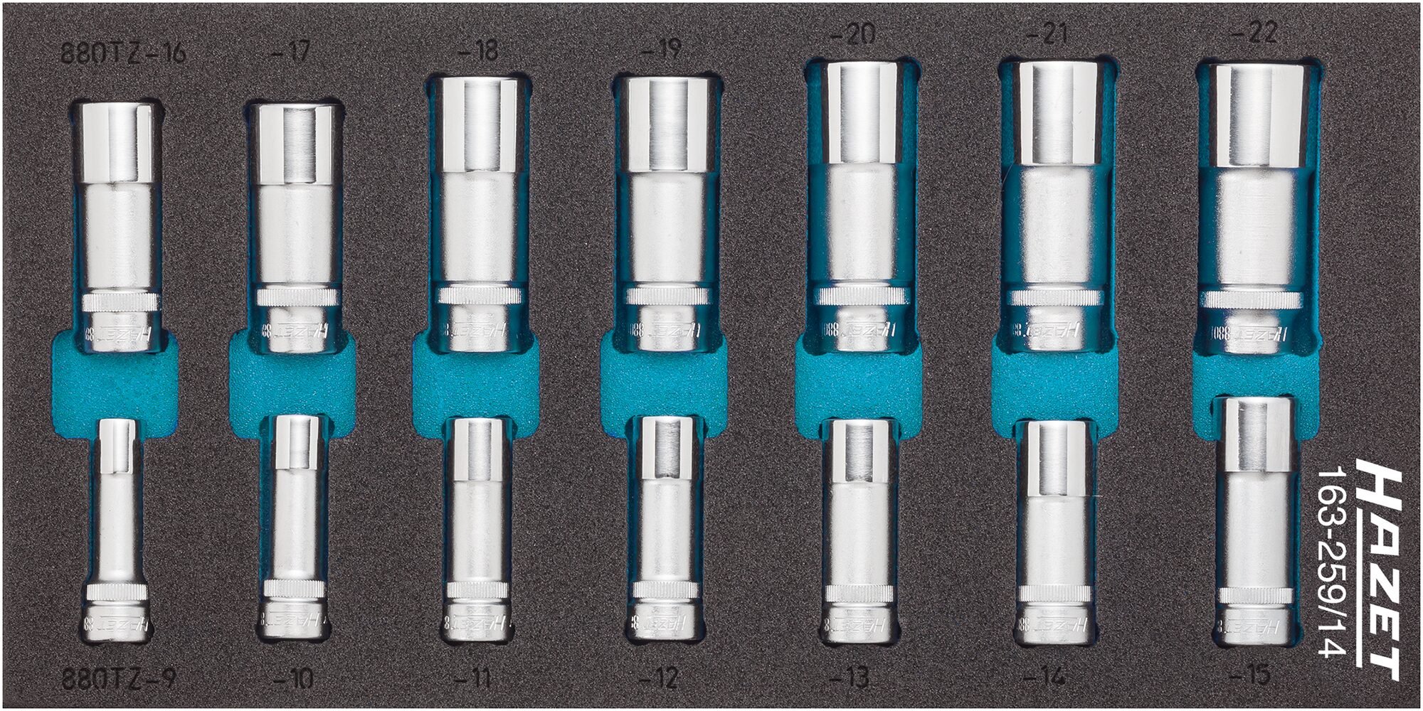 HAZET Dopsleutelset 163-259/14 · 3/8 inch (10 mm) vierkant hol · Buitentwaalfkant tractieprofiel · 14-delig · 9 - 22