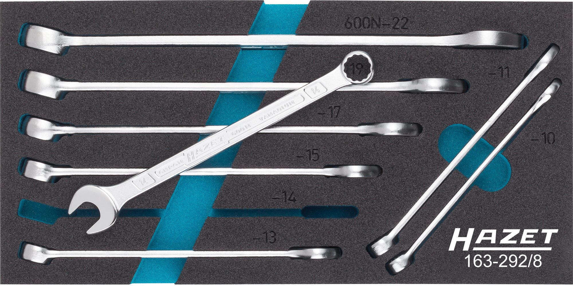 HAZET Ring-steeksleutelset 163-292/8 · Buitentwaalfkant tractieprofiel · 8-delig · 10 · 11 · 13 · 14 · 15 · 17 · 19 · 22