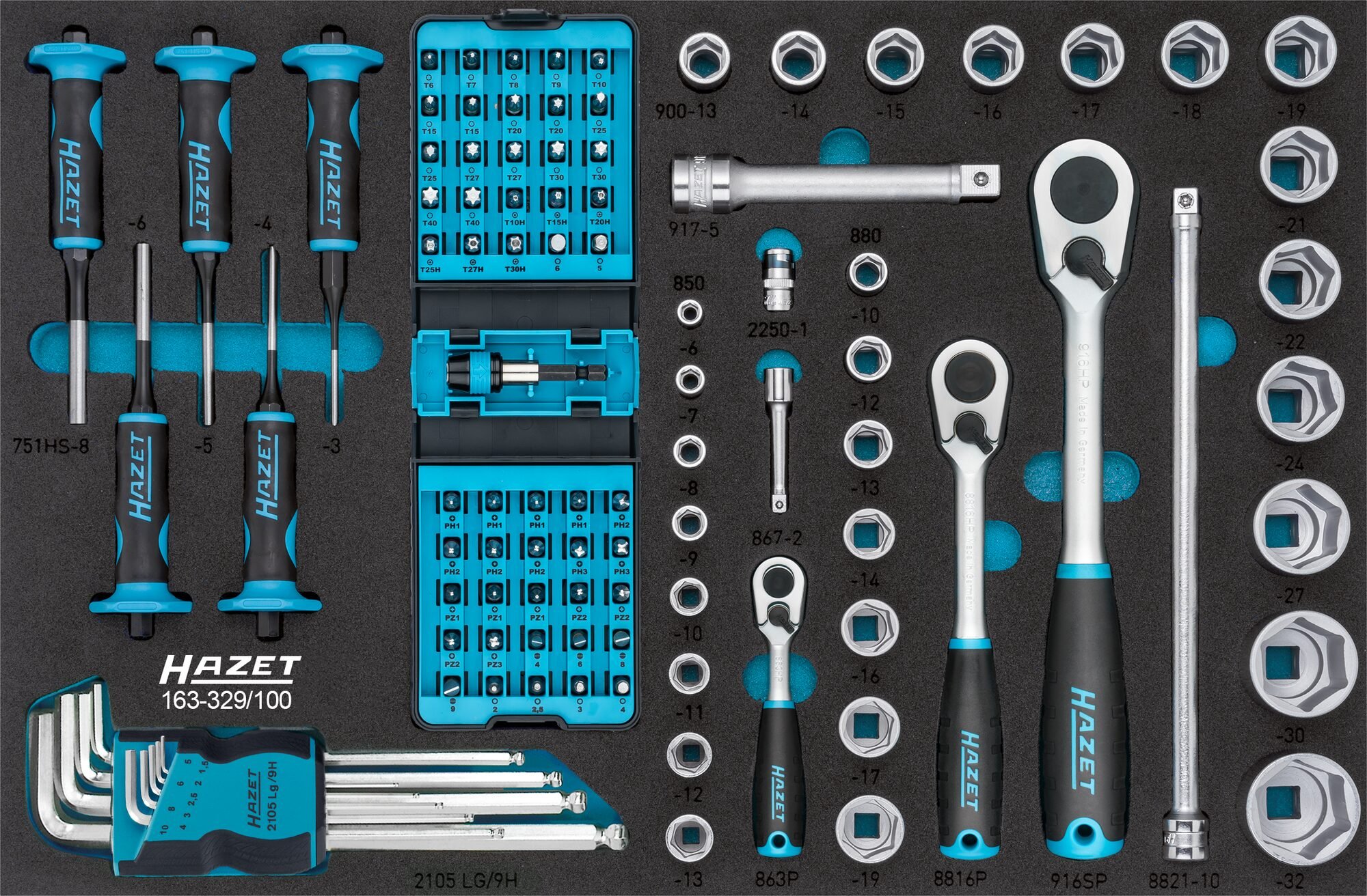 HAZET Gereedschapset 163-329/100 | 1/4 inch (6,3 mm) vierkant hol, 3/8 inch (10 mm) vierkant hol, 1/2 inch (12,5 mm) vierkant hol, 1/4 inch (6,3 mm)