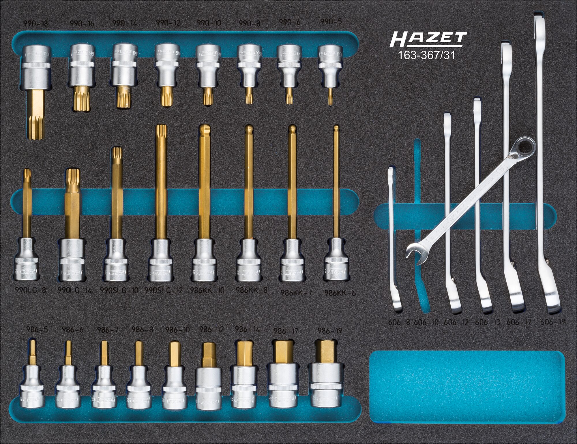 HAZET Dopsleutelbitset 163-367/31 - 1/2 inch (12,5 mm) vierkant hol - Buitentwaalfkant tractieprofiel, Binnen-zeskant-profiel, Binnenveeltandprofiel