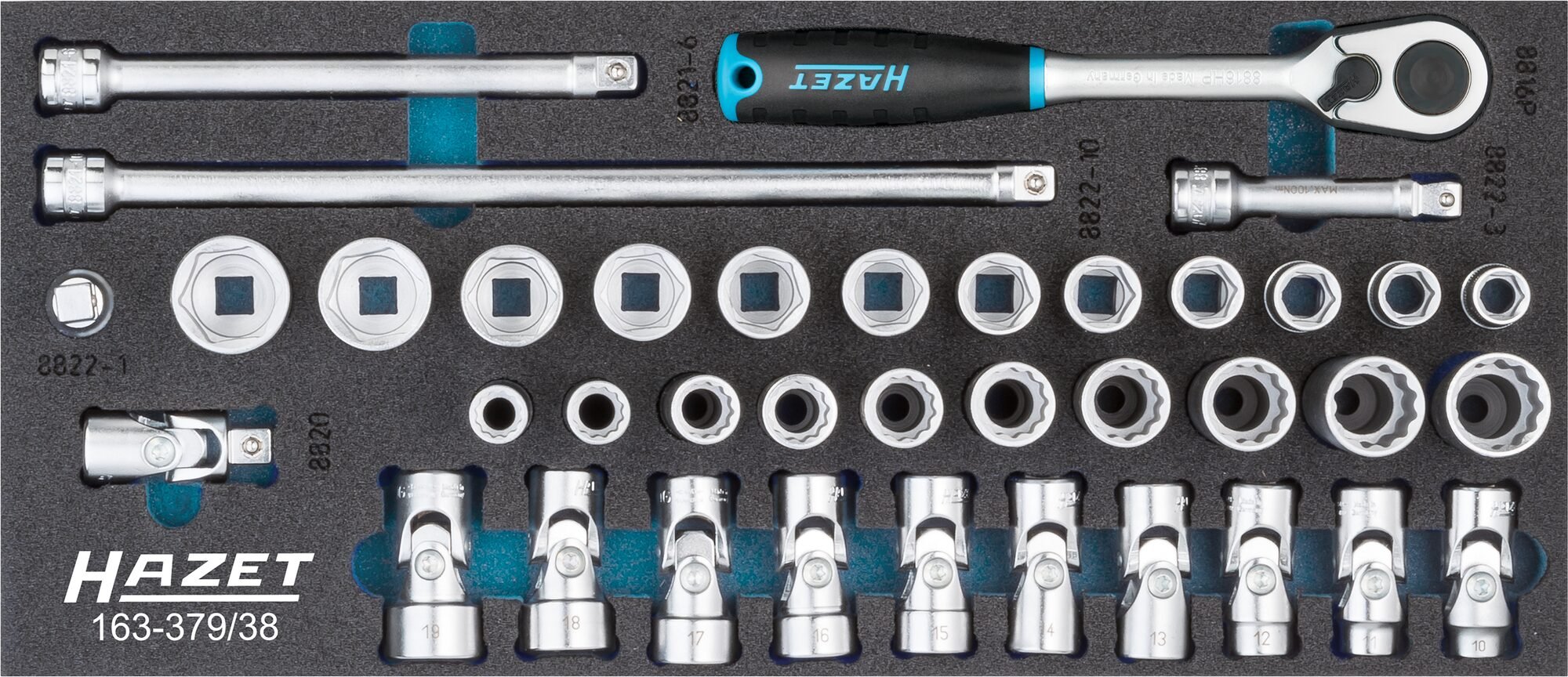 HAZET Dopsleutelset 163-379/38 - 3/8 inch (10 mm) vierkant hol - Buitentwaalfkant tractieprofiel, Buiten-zeskant-tractieprofiel - 38-delig - 10 - 22