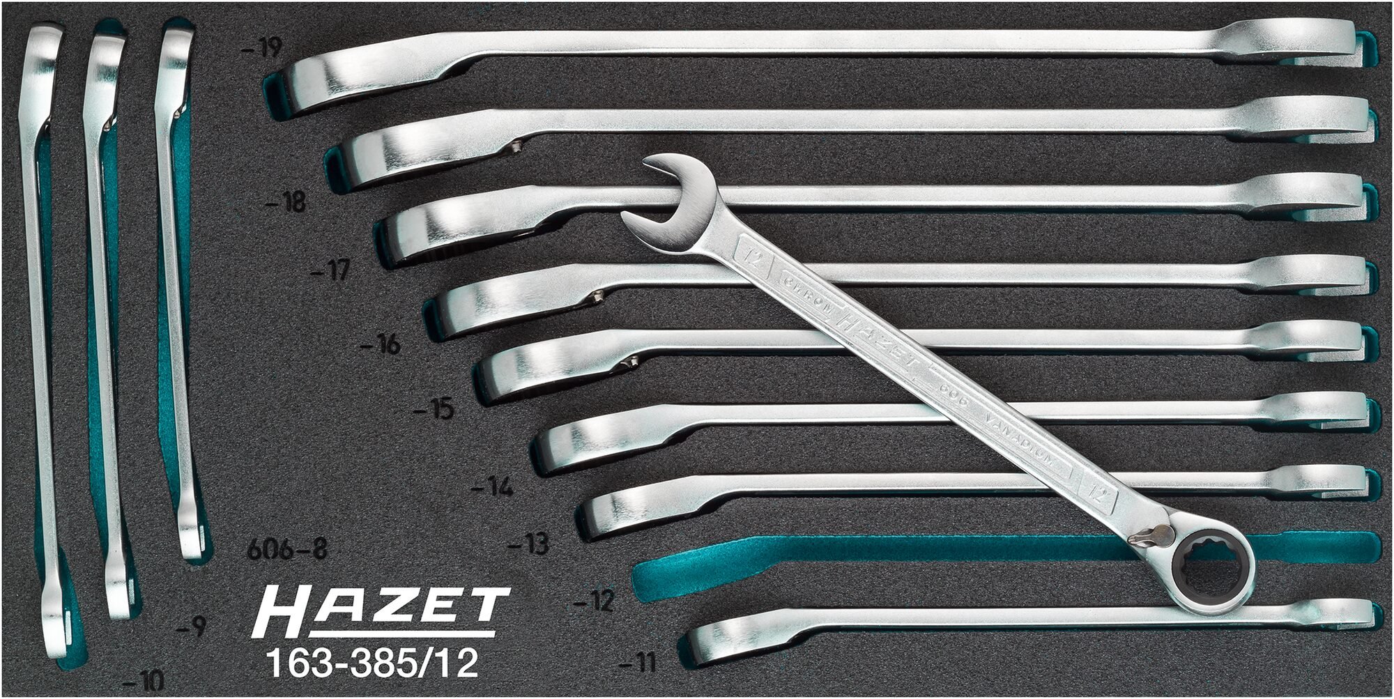 HAZET Ratelringsteeksleutelset 163-385/12 · Buitentwaalfkant tractieprofiel · 12-delig · 8 - 19
