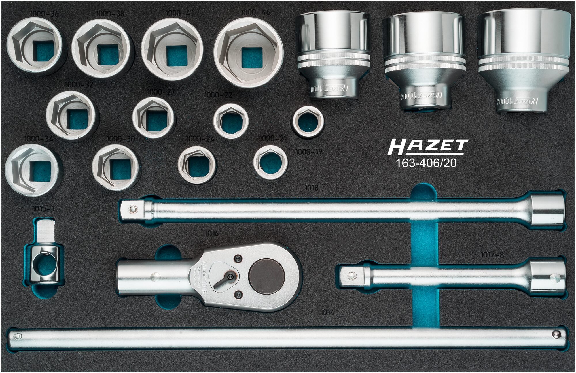 HAZET Dopsleutelset 163-406/20 · 3/4 inch (20 mm) vierkant hol · Buiten-zeskant-profiel · 20-delig · 19 - 60