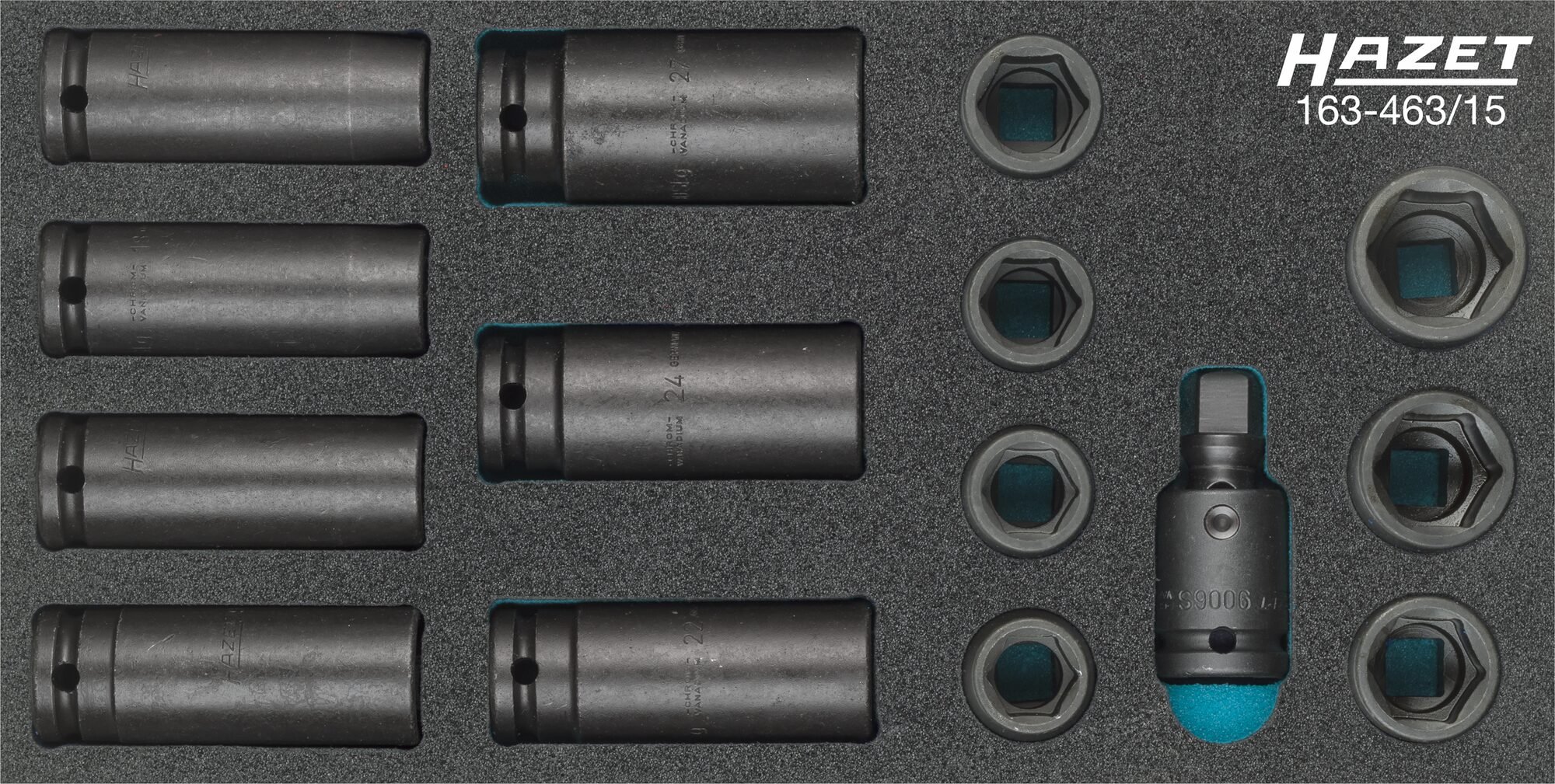HAZET Krachtdopsleutelset 163-463/15 · 1/2 inch (12,5 mm) vierkant hol · Buiten-zeskant-tractieprofiel · 15-delig · 17 - 27