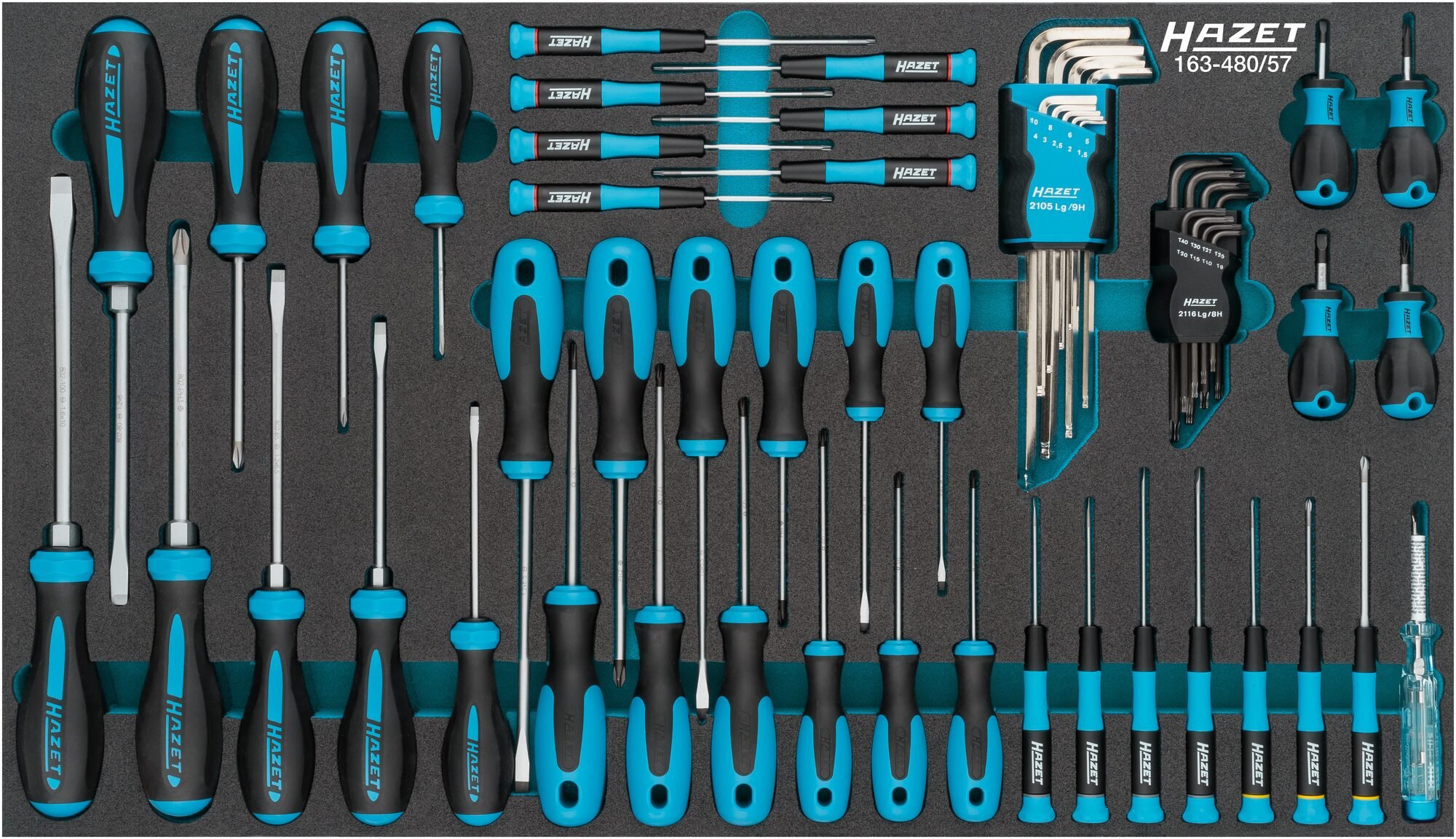 HAZET Schroevendraaierset 163-480/57 - Sleufprofiel, Kruiskop profiel PH, Binnen-zeskant-profiel, Binnen-TORX®-profiel - 57-delig - 0,3 x 1,5 - 1,6 x