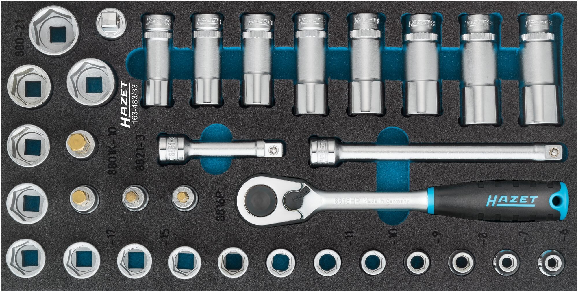 HAZET Dopsleutelset 163-483/33 - 3/8 inch (10 mm) vierkant hol - Buiten-zeskant-tractieprofiel, Binnen-zeskant-profiel - 33-delig - 5 - 22