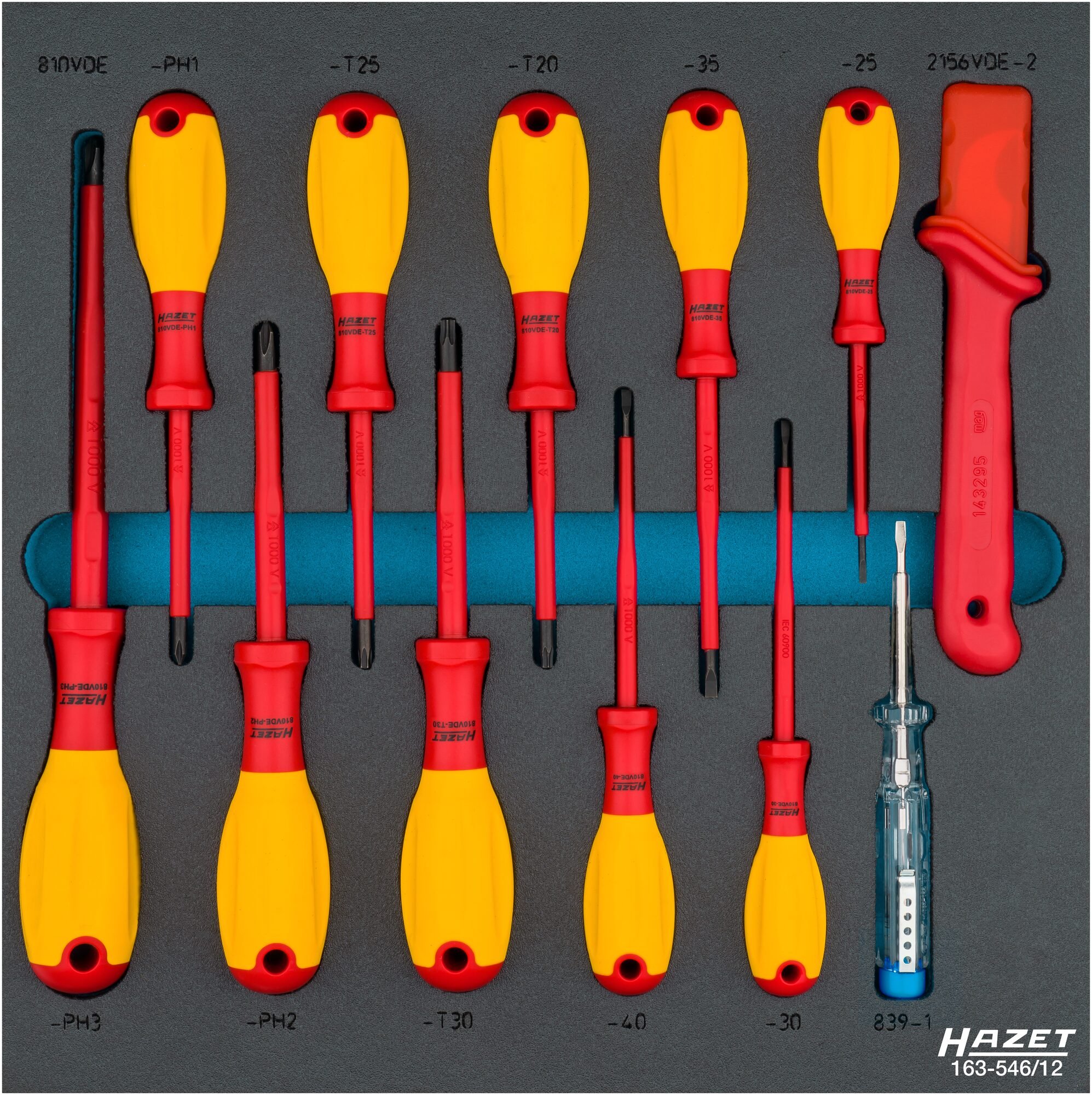 HAZET Schroevendraaierset - geïsoleerd 163-546/12 - Kruiskop profiel PH, Binnen-TORX®-profiel, Sleufprofiel - 12-delig - 0,4 x 2,5 - 0,8 x 4 - PH1 -