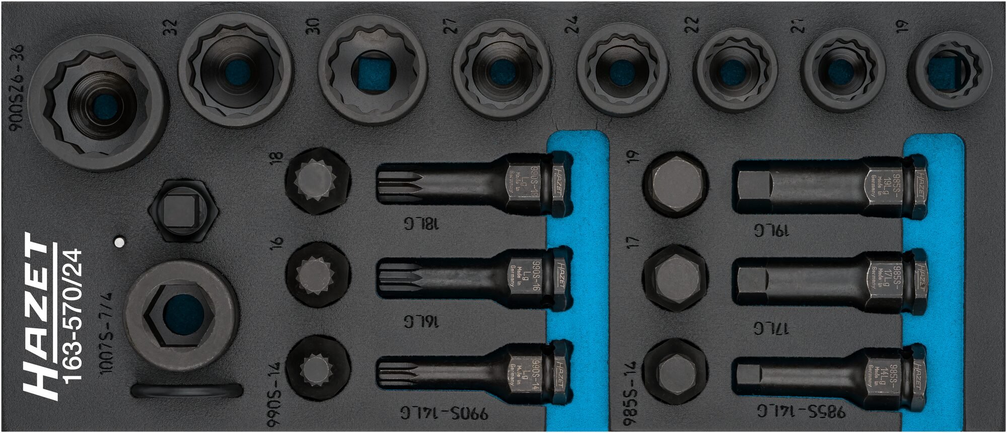 HAZET Krachtdopsleutelset 163-570/24 - 1/2 inch (12,5 mm) vierkant hol - Buitentwaalfkant tractieprofiel, Binnen-zeskant-profiel,
