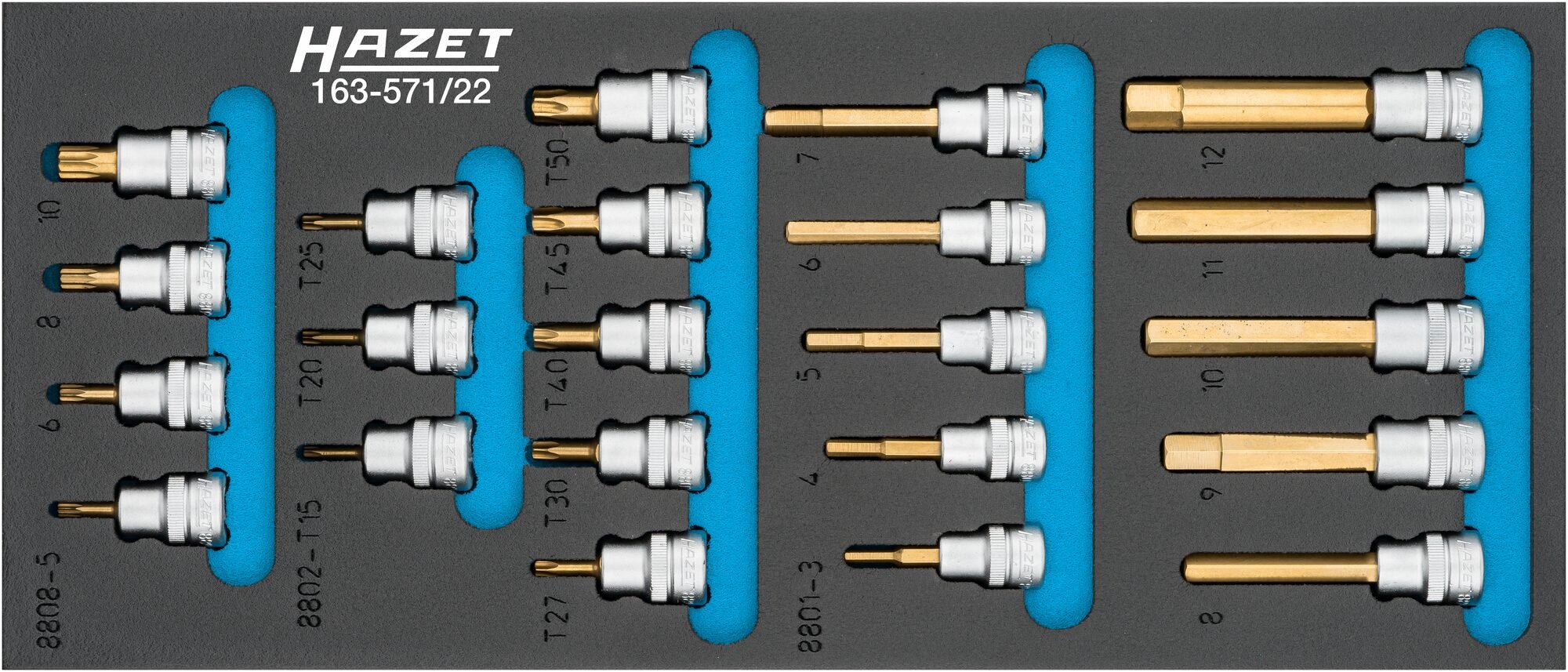 HAZET Dopsleutelbitset 163-571/22 - 3/8 inch (10 mm) vierkant hol - Binnen-TORX®-profiel, Binnenveeltandprofiel XZN, Binnen-zeskant-profiel - 22-delig