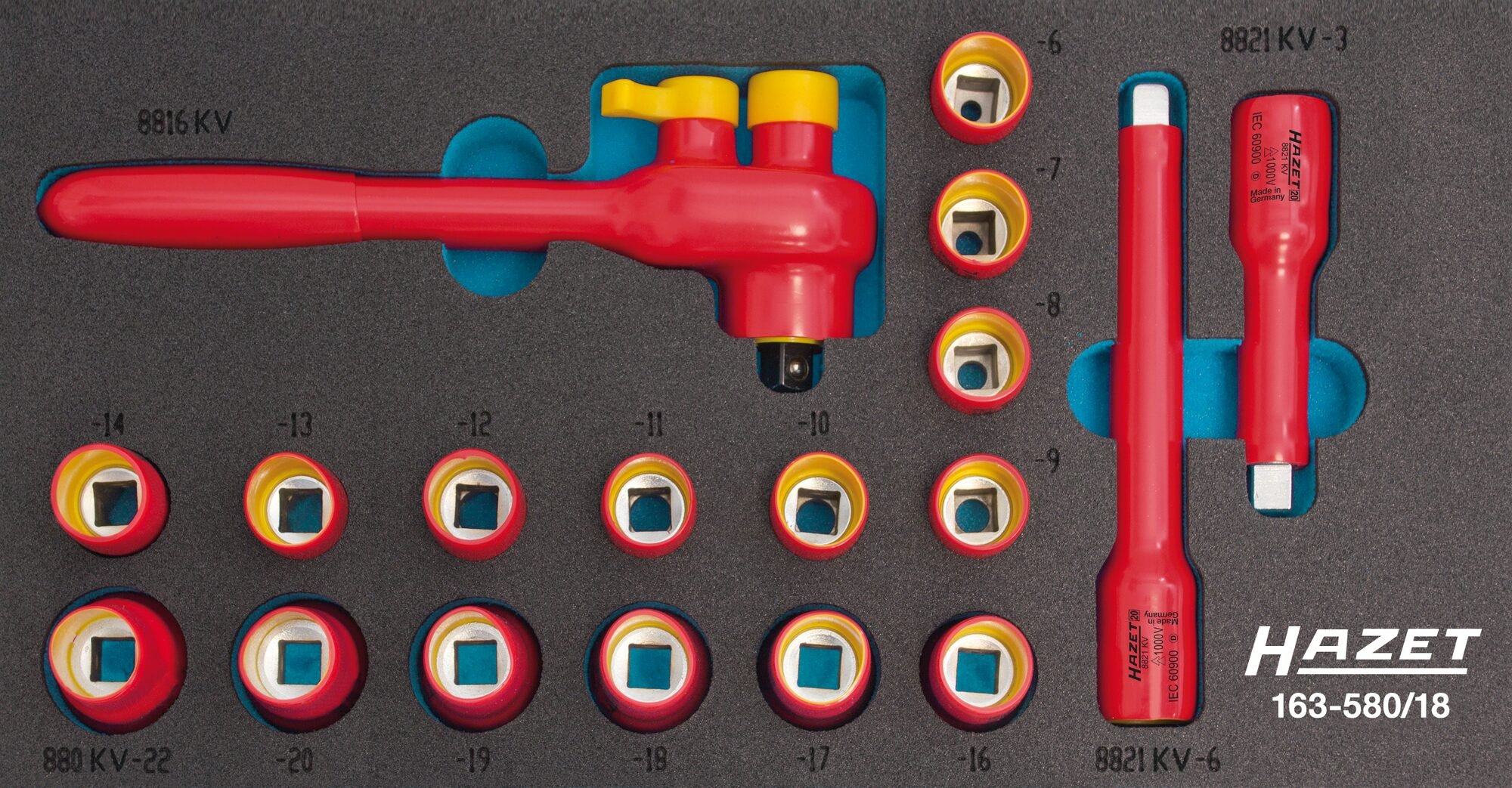 HAZET Dopsleutelset - geïsoleerd 163-580/18 - 3/8 inch (10 mm) vierkant hol - Buitentwaalfkant tractieprofiel - 18-delig - 8 - 22