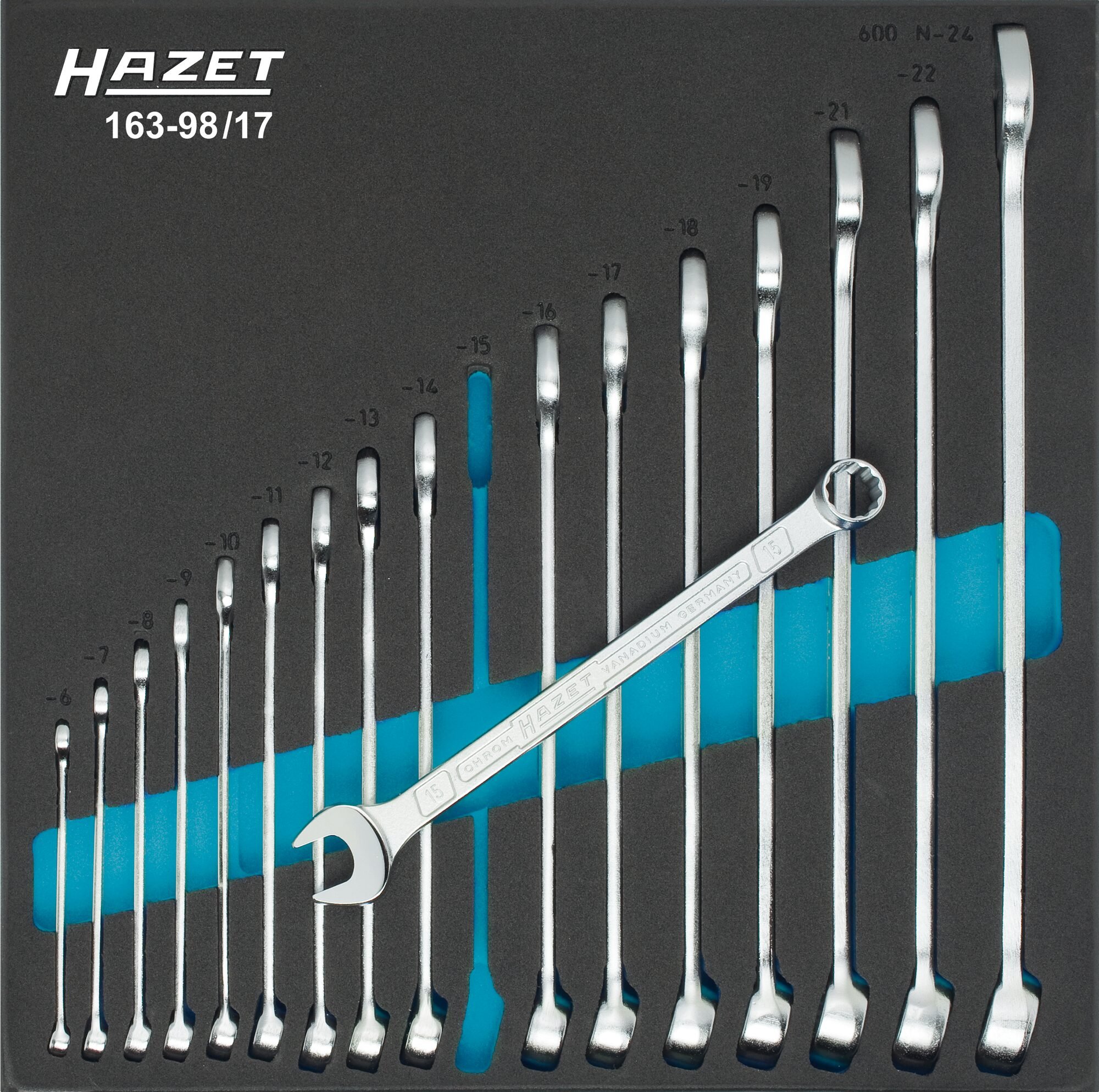 HAZET Ring-steeksleutelset 163-98/17 · Buitentwaalfkant tractieprofiel · 17-delig · 6 - 24